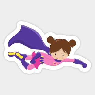 Superhero Girl, Brown Hair, Purple Cape, Cute Girl Sticker